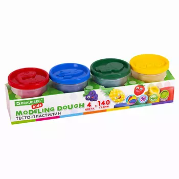 BRAUBERG Пластилин тесто KIDS 4 цвета крышки-штампики