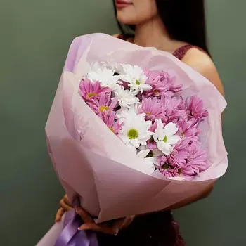 БУКЕТНАЯ ЛАВКА 5 розово-белых хризантем