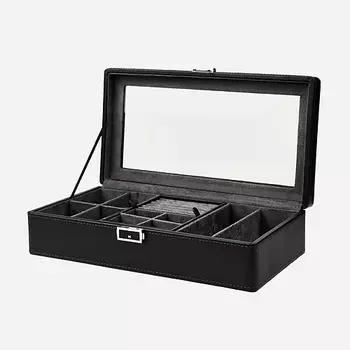 CLOX Шкатулка для 4 часов и украшений, черная экокожа, серый бархат, W153BG