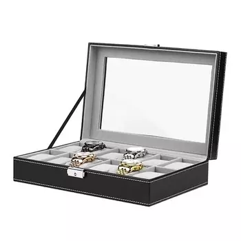 CLOX Шкатулка для хранения 12 часов, черная с белой строчкой, W94