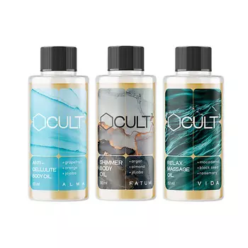 CUBE CULT Набор миниатюр. Антицеллюлитное масло для тела ALMA, массажное VIDA, с шиммером FATUM