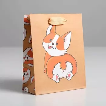 ДАРИТЕ СЧАСТЬЕ Пакет подарочный крафтовый вертикальный, упаковка, "Пёсик"