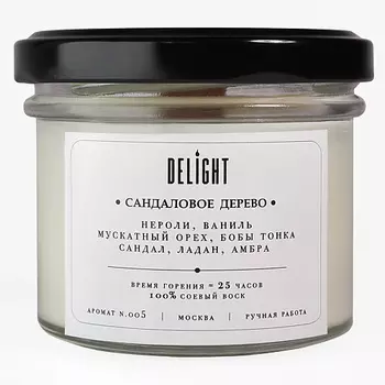 DELIGHT DELGHT Свеча ароматическая с деревянным фитилем для дома "Сандаловое дерево" 125.0