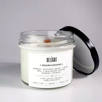 DELIGHT DELGHT Свеча ароматическая с деревянным фитилем для дома "Медовая вишня" 125.0