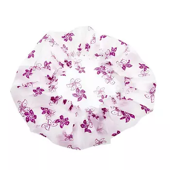 DEWAL BEAUTY Шапочка для душа белая с фиолетовыми цветами