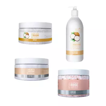 DREAM NATURE НАБОР 4 в 1:Гель"Кокос"Скраб"Питательный" Соль с розой Маска"Оздоровление и увлажнение"