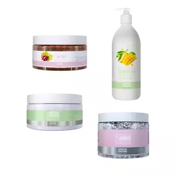 DREAM NATURE Набор 4в1 Гель "Манго"+Скраб "Детокс"+Соль с лавандой + Маска"Увлажнение и питание"