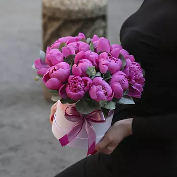 FLORPRO 15 малиновых пионов в коробке с эвкалиптом