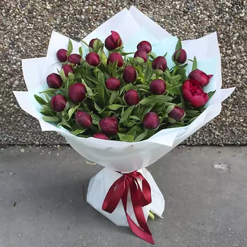 FLORPRO 25 красных пионов в дизайнерской упаковке