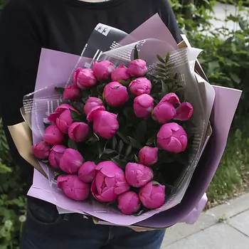 FLORPRO 25 малиновых пионов в дизайнерской упаковке