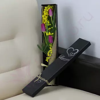 FLORPRO 3 тюльпана и мимоза в коробке