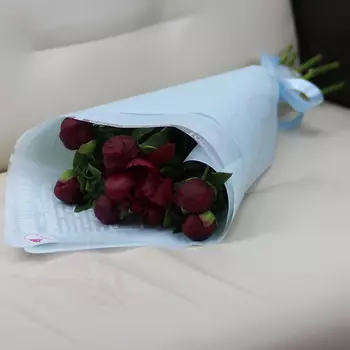 FLORPRO 7 красных пионов в дизайнерской упаковке