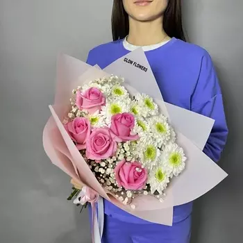GLOW FLOWERS Красивый букет из роз, хризантем и гипсофилы