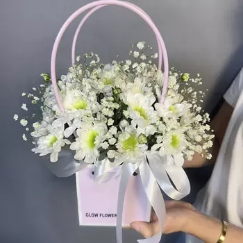 GLOW FLOWERS Кустовая хризантема и гипсафила в сумочке