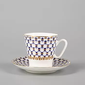 ИМПЕРАТОРСКИЙ ФАРФОРОВЫЙ ЗАВОД Чашка с блюдцем для эспрессо "Кобальтовая сетка"
