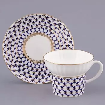 ИМПЕРАТОРСКИЙ ФАРФОРОВЫЙ ЗАВОД Чашка с блюдцем кофейная "Кобальтовая сетка"