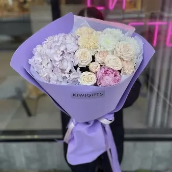 KIWIGIFTS Букет цветов живые Розы, Пионы, Гортензия, Хризантема, Диантус