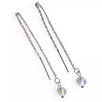 KOKOSHNIKI Серьги протяжки серебристые на цепочках с радужной бусиной