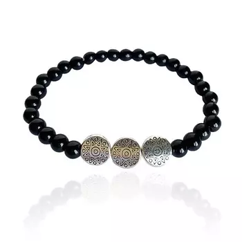 LAPUSH Браслет на руку с черным агатом и тибетскими бусинами