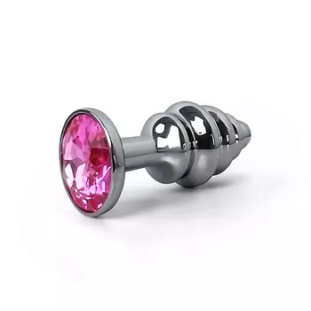 LE FRIVOLE Анальная пробка металлическая ребристая с розовым кристаллом Fantasy Toys