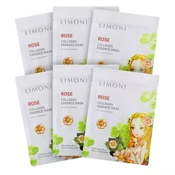 LIMONI Маска для лица тканевая успокаивающая с коллагеном и экстрактом розы Rose Сollagen Essence