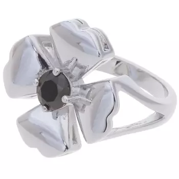 LJ Кольцо родированное с черным фианитом "Клевер 4 листа"