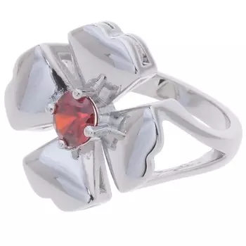 LJ Кольцо родированное с гранатом "Клевер 4 листа"