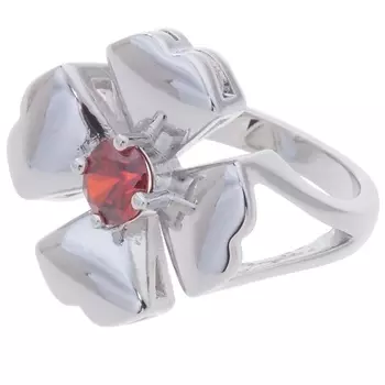 LJ Кольцо родированное с гранатом "Клевер 4 листа"