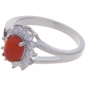 LJ Кольцо родированное с красным агатом "Малый овал в цирконах"