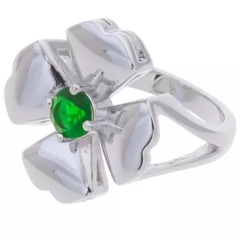 LJ Кольцо родированное с зеленым фианитом "Клевер 4 листа"