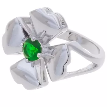 LJ Кольцо родированное с зеленым фианитом "Клевер 4 листа"