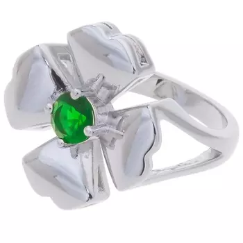 LJ Кольцо родированное с зеленым фианитом "Клевер 4 листа"
