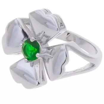 LJ Кольцо родированное с зеленым фианитом "Клевер 4 листа"
