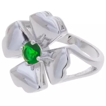 LJ Кольцо родированное с зеленым фианитом "Клевер 4 листа"