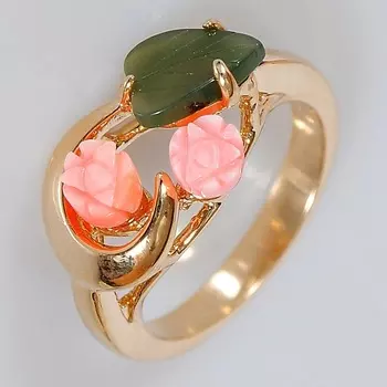 LJ Кольцо с кораллом и нефритом "2 розы 1 лист ободок"