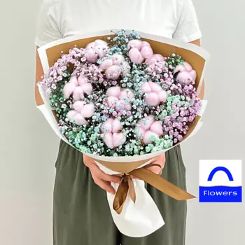 ЛЭТУАЛЬ FLOWERS Букет из разноцветной гипсофлилы и хлопка, "Цветочное суфле"