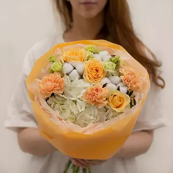 ЛЭТУАЛЬ FLOWERS Букет "Манговый сорбет" из хлопка, гортензий и роз