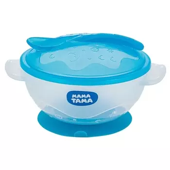 МАМА ТАМА Тарелка пластиковая, с крышкой и ложкой, глубокая на присоске, 6мес.+