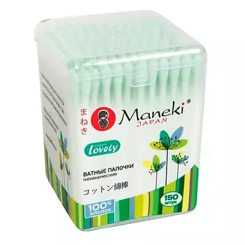 MANEKI Палочки ватные Lovely с зеленым бумажным стиком в пластиковой коробке 1