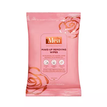 MEA Салфетки влажные для снятия макияжа с мицелярной водой, экстрактом цветков розы и маслом миндаля Caring Essence