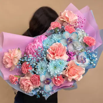 MOJNO FLOWERS Розово-голубой букет L с орхидеями, гортензиями, хризантемами, розами и гипсофилой