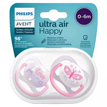 PHILIPS Пустышка силиконовая Ultra Air Happy, 0-6 месяцев