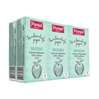 PREMIAL Платочки бумажные трехслойные белые с ароматом зеленого яблока 60.0