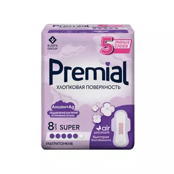 PREMIAL Прокладки женские гигиенические с крылышками SUPER WINGS ХЛОПКОВАЯ ПОВЕРХНОСТЬ