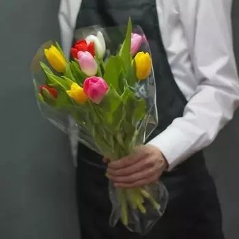 ПЯТЬ ЦВЕТОВ Букет из 9 разноцветных тюльпанов