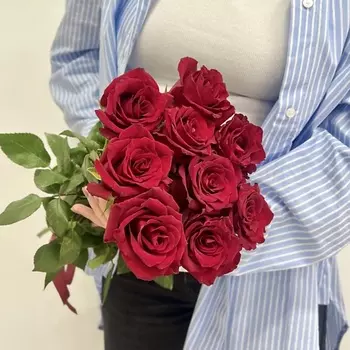 ПЯТЬ ЦВЕТОВ Букет живых цветов из 9 красных роз под ленту, Эквадор 50 см