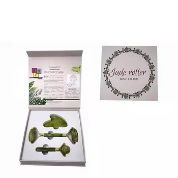 QUALIGO Ролик для массажа лица,подарочный набор,натуральный камень цвет нефрит