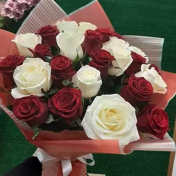 РОЗЫ УРАЛА Букет из 25 красно-белых роз