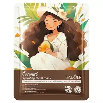 SADOER Маска для лица увлажняющая тканевая с кокосом и антиоксидантами