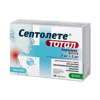 АПТЕКА Септолете тотал таб. д/рассас эвкалипт 3мг+1мг N16